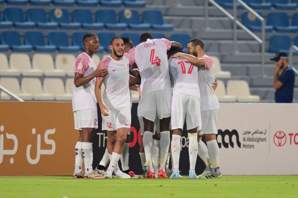 Al Shamal players celebrate after scoring a goal against Al Arabi at the Al Khor Stadium on Saturday.